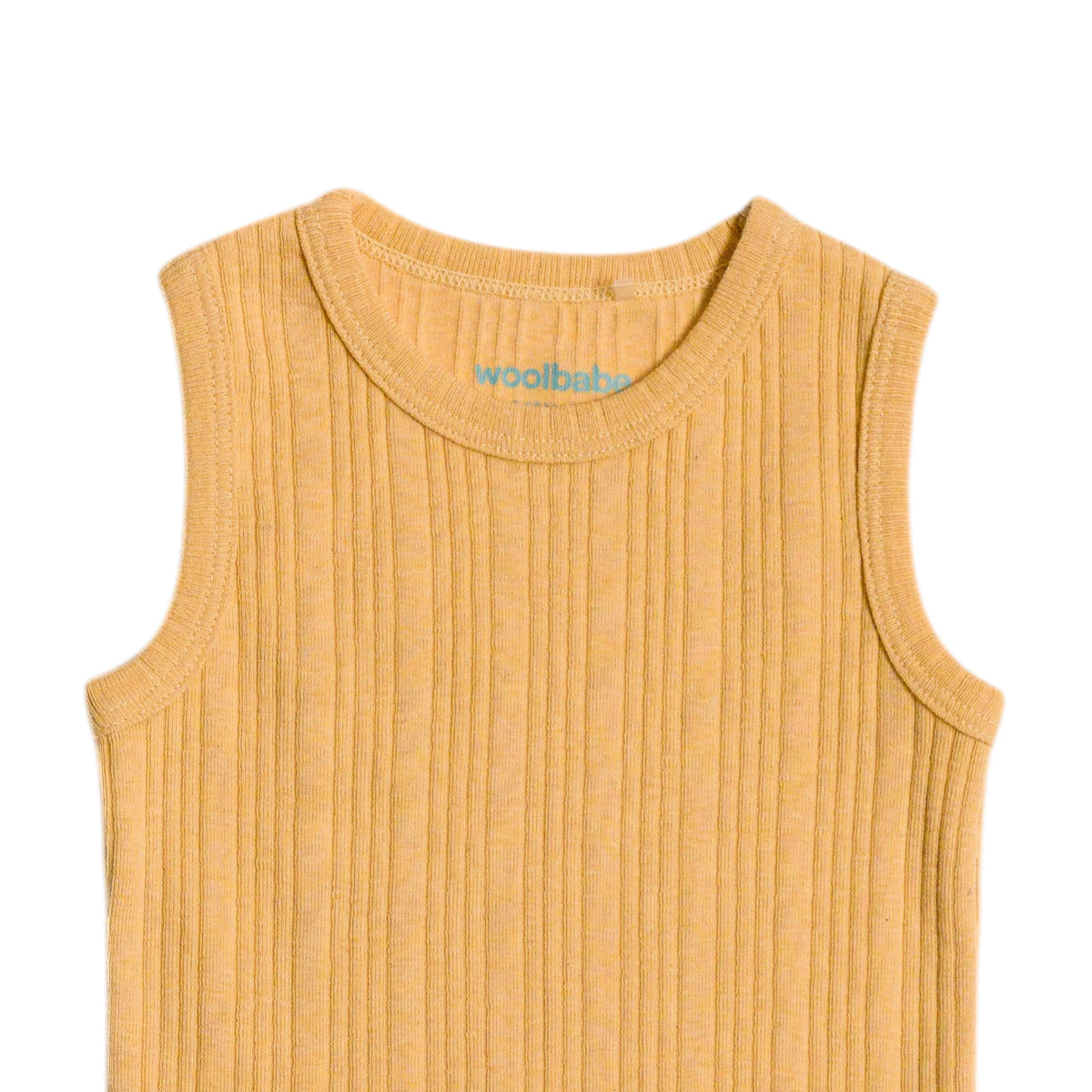 Yellow ribbed tank top with 'woolbaby' branding on a white background