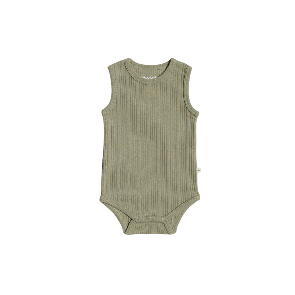 Green ribbed merino baby singletsuit on a white background