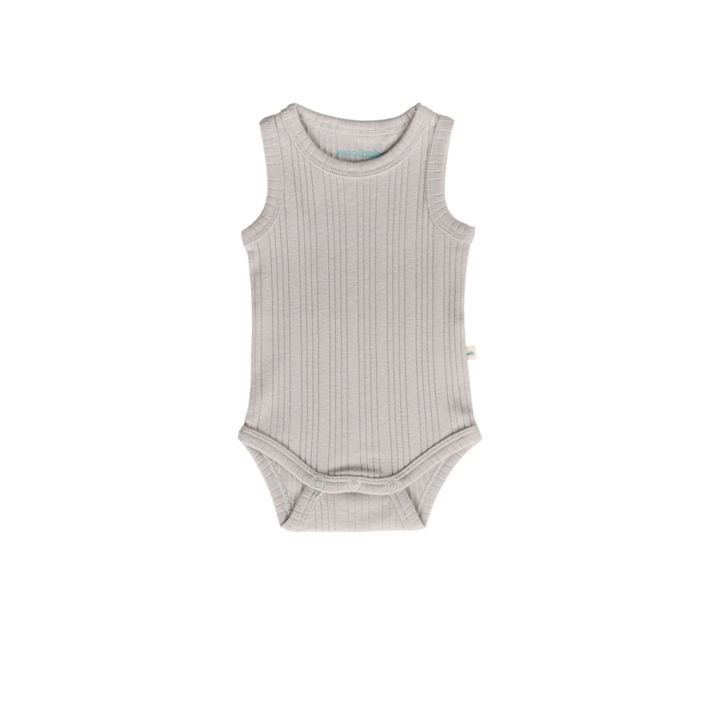 Gray ribbed baby bodysuit on a white background