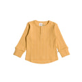 Yellow ribbed long-sleeve woolbabe henley top on a white background