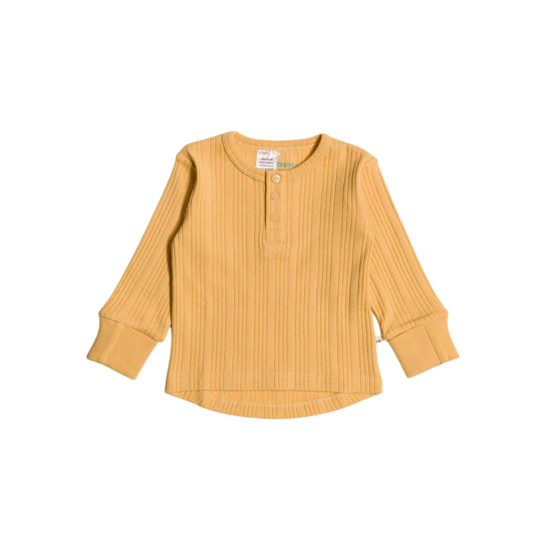 Yellow ribbed long-sleeve woolbabe henley top on a white background