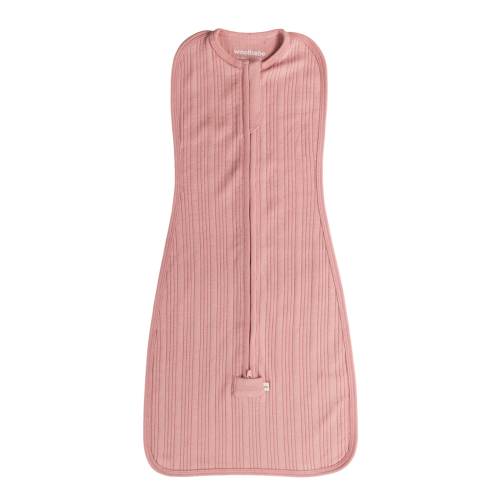 Pink baby zip up swaddle bag with a zipper on a white background
