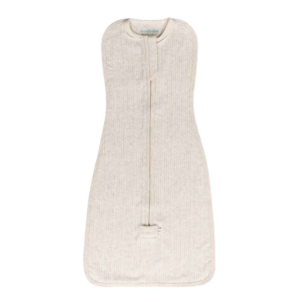 Beige merino marl woolbabe swaddle with a zipper on a white background