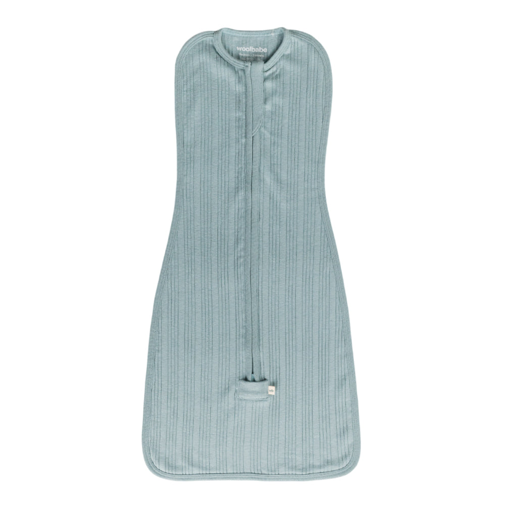 Light blue woolbabe zip swaddle  on a white background