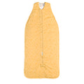 Yellow baby sleeping bag with a subtle bee pattern on a white background