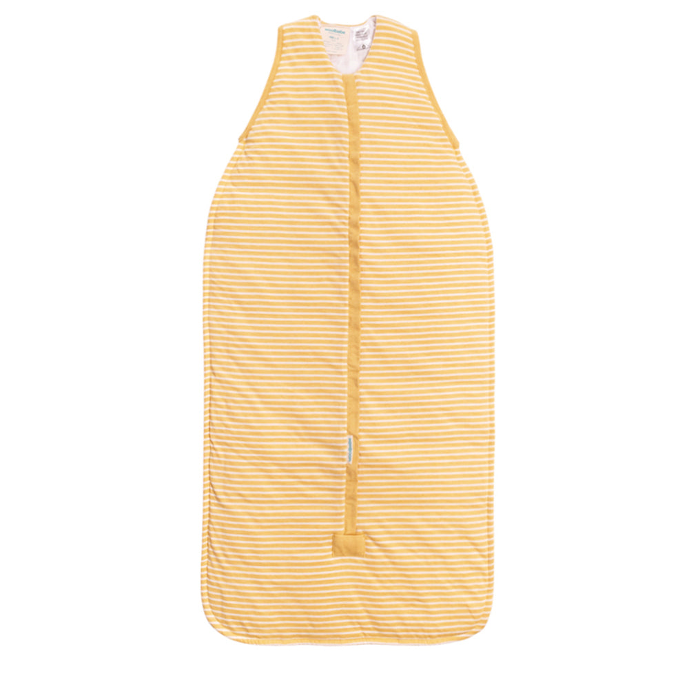 Yellow striped baby sleeping bag on a white background