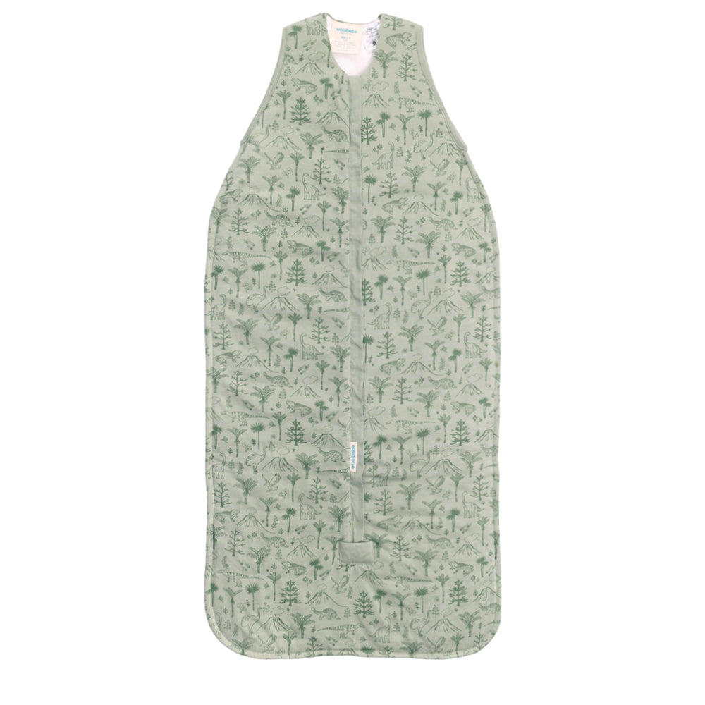 Green baby sleeping bag with dino nature-themed pattern on a white background