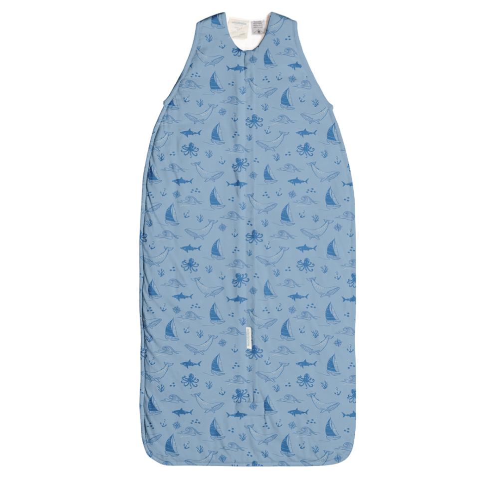 Blue children's sleeping bag with sea creature pattern on a white background