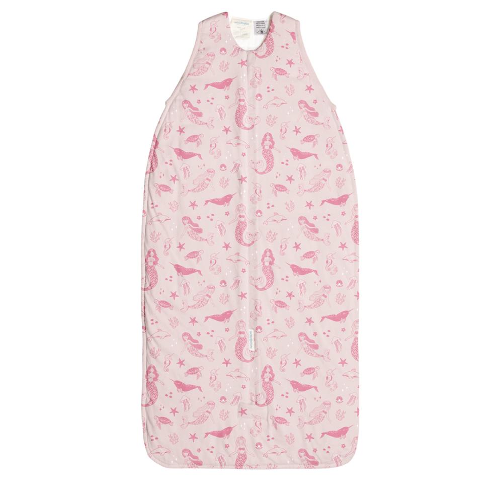 Pink woolbabe baby sleeping bag with mermaid pattern on a white background