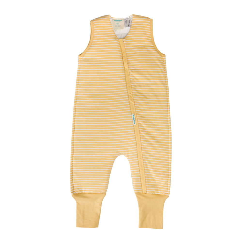 Yellow striped toddler sleepsuit n a white background