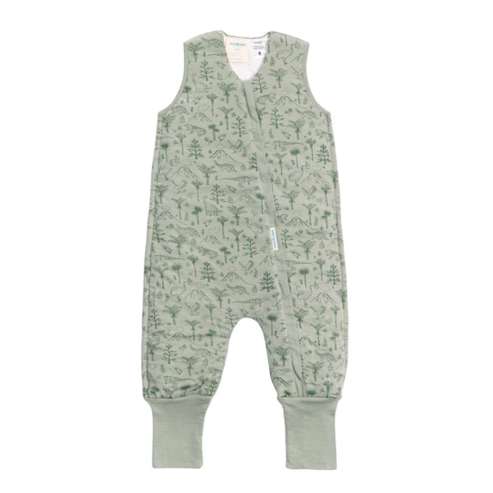Green children's sleep onesie with nature print on a white background