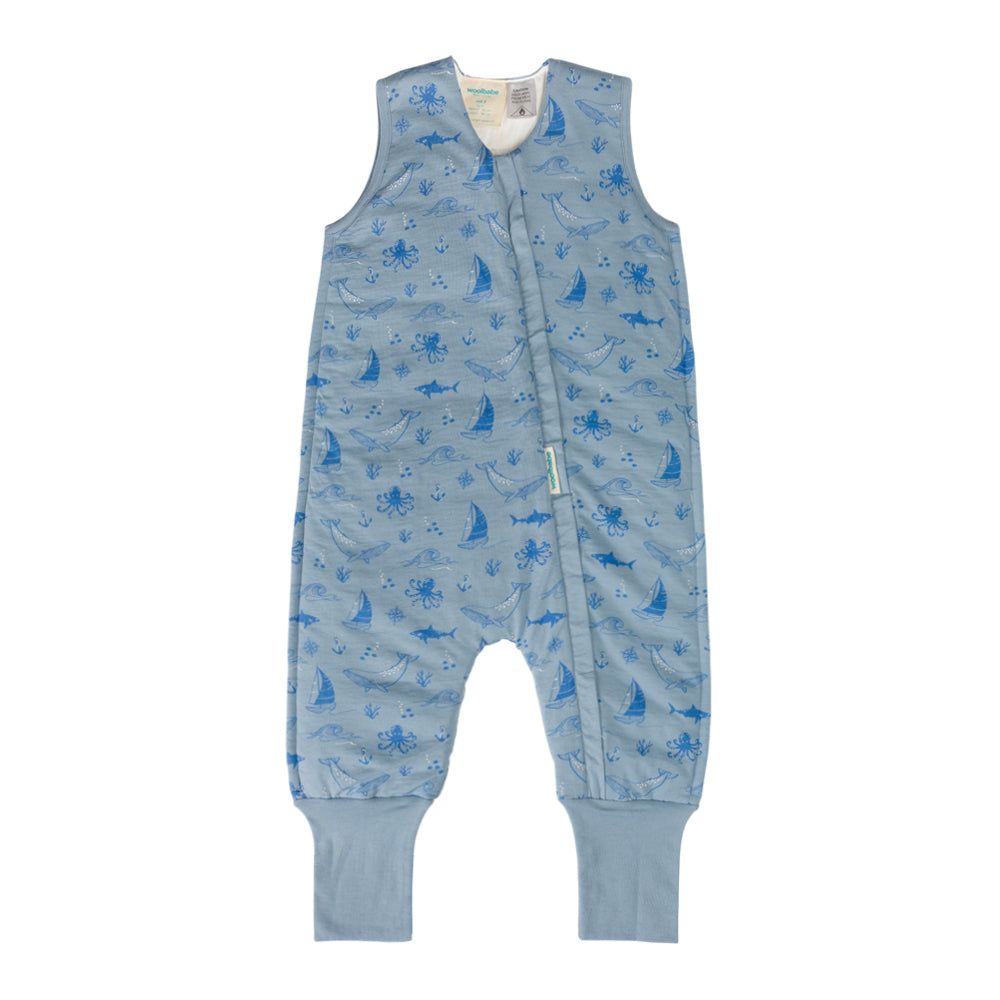 Blue sleeveless sleep onesie with marine pattern on a white background