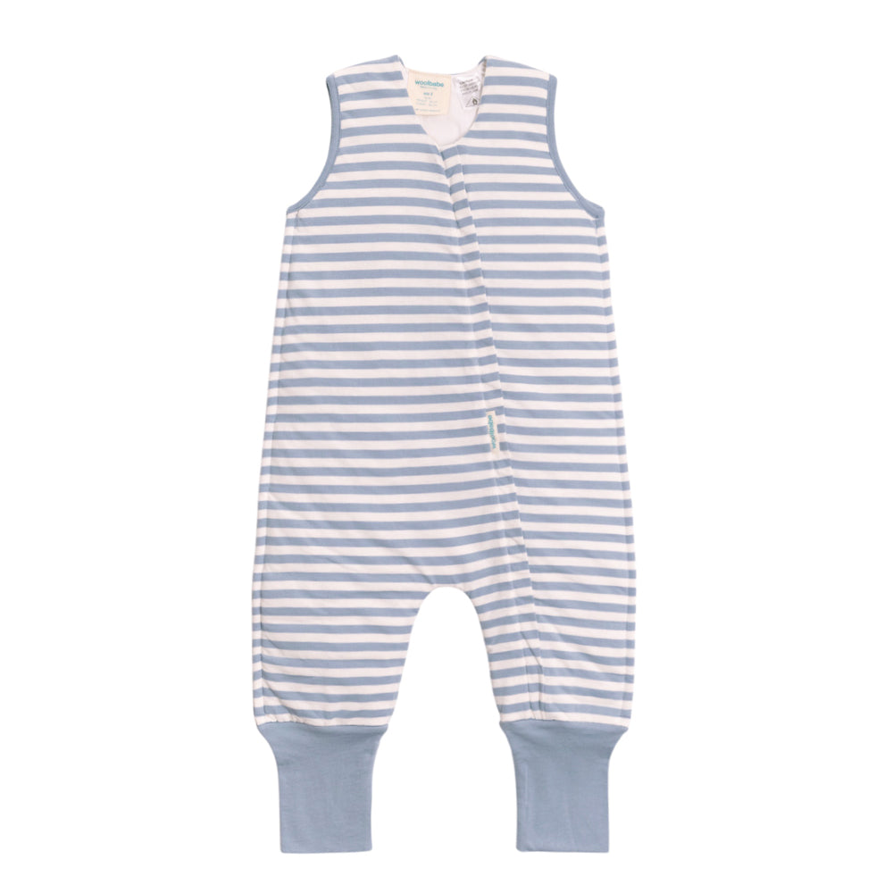 Blue and white striped toddler sleep suit on a white background