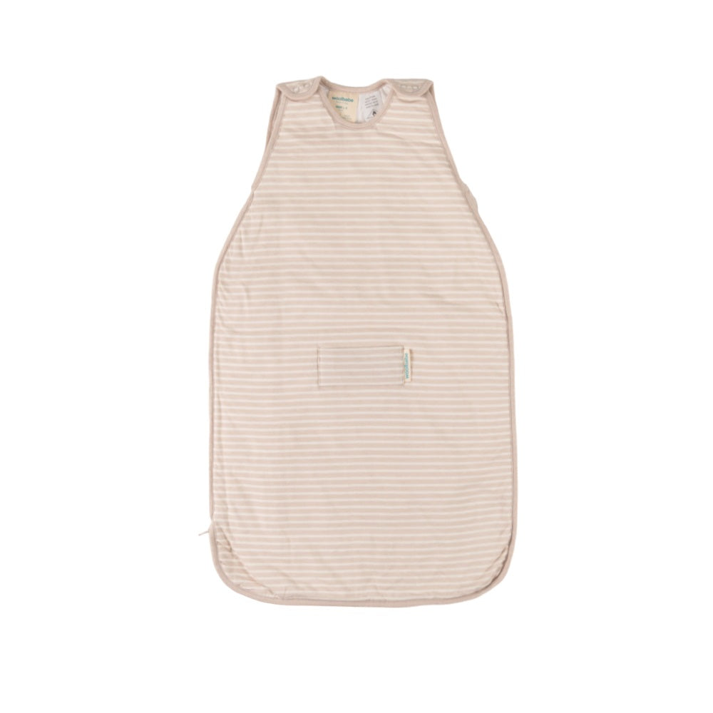 Beige striped woolbabe mini baby sleeping bag on a white background