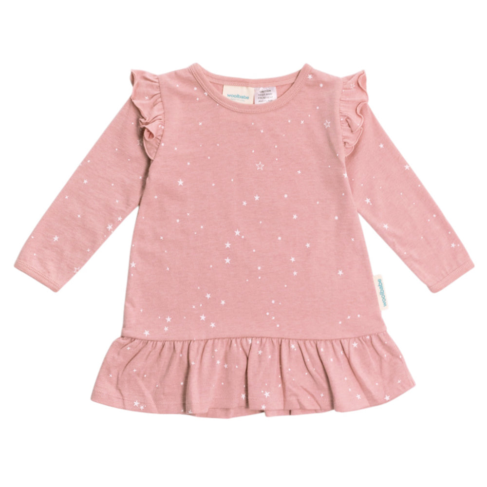 Pink merino nightgown with frill sleeves with star pattern on a white background