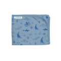 Blue baby blanket with ocean-themed pattern on a white background