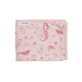 Pink baby blanket with mermaid and sea creature pattern on a white background