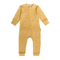 Yellow woolbabe PJ Suit onesie with a bee pattern on a white background