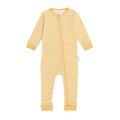 Yellow and white striped merino baby onesie on a white background