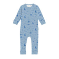 Blue woolbabe baby onesie with ocean-themed pattern on a white background