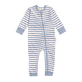 Blue and white striped baby onesie on a white background