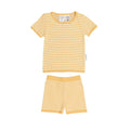 Yellow and white striped woolbabe summer pyjamas on a white background