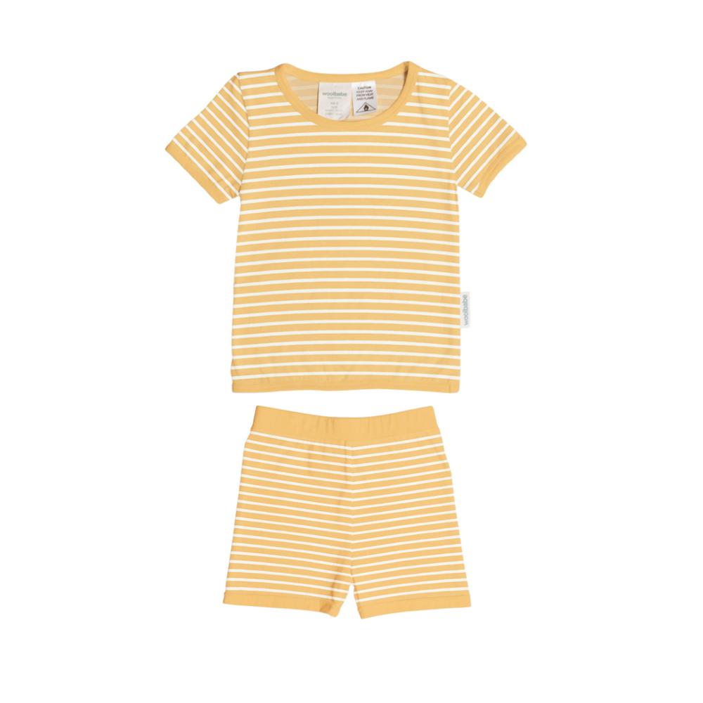 Yellow and white striped woolbabe summer pyjamas on a white background