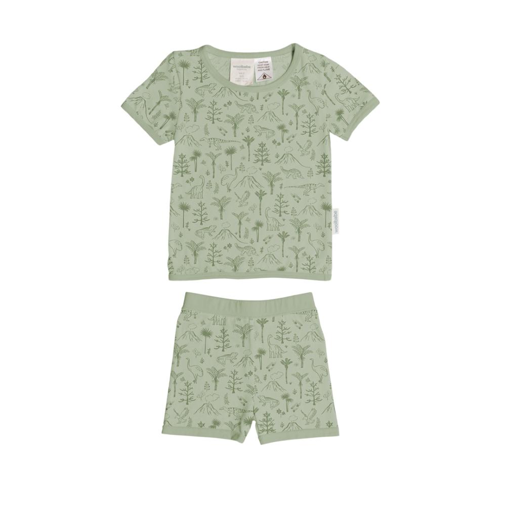 Children's green pajama set with dinosaur nature-themed design on a white background