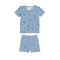 Children's blue pajama set with sea-themed pattern on a white background