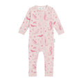 Pink baby onesie with sea creature pattern on a white background