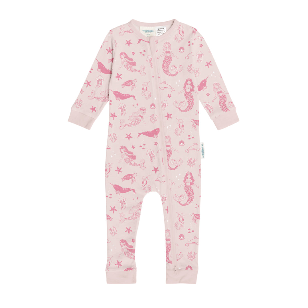 Pink baby onesie with sea creature pattern on a white background