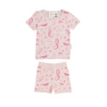 Children's pink woolbabe summer pajama set with mermaid pattern on a white background