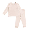 Beige striped woolbabe pajama set on a white background