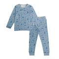 Children's pajama set with blue animal pattern on a white background