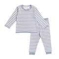 Blue and white striped woolbabe merino pajama set on a white background