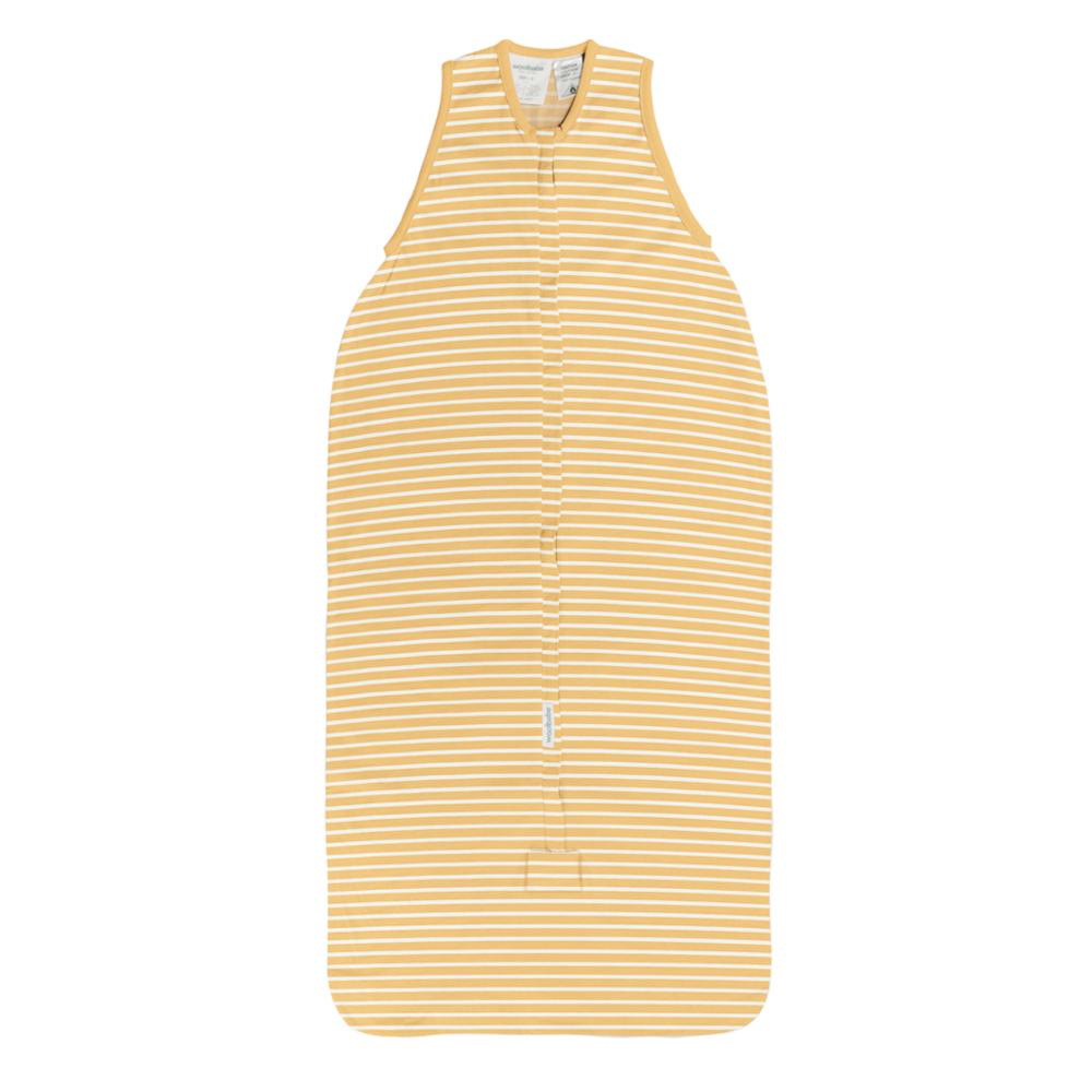 Yellow and white striped baby sleeping bag on a white background