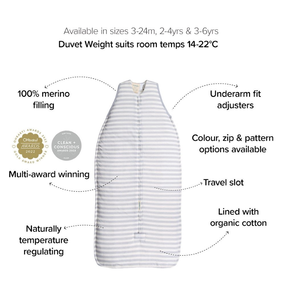 woolbabe duvet sleeping bag with features listed on a white background