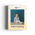 An ebook titled 'toilet training' by 'the sleep store' shown standing upright against a white background. The cover features a photo of a young child sitting against a dark teal background, with a pale yellow band at the bottom.