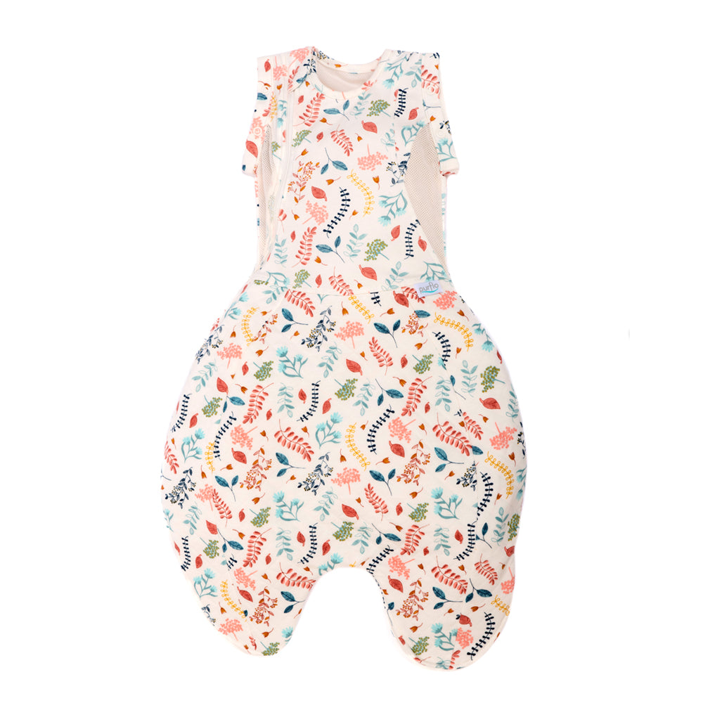 Colorful baby swaddle bag with floral pattern on a white background