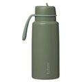 Green insulated water bottle with a handle on a white background