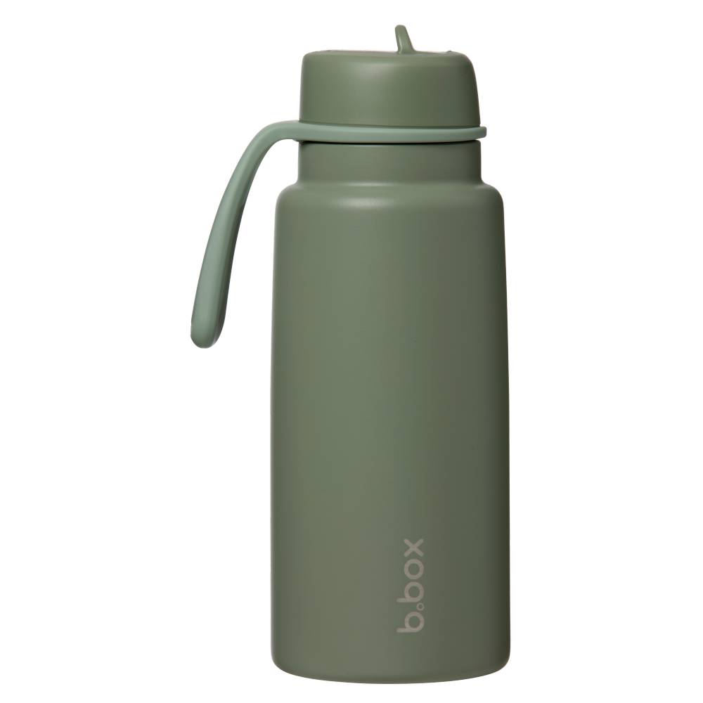 Green insulated water bottle with a handle on a white background