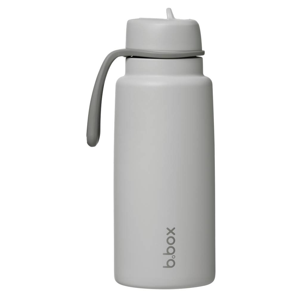 Gray water bottle with a handle on a white background