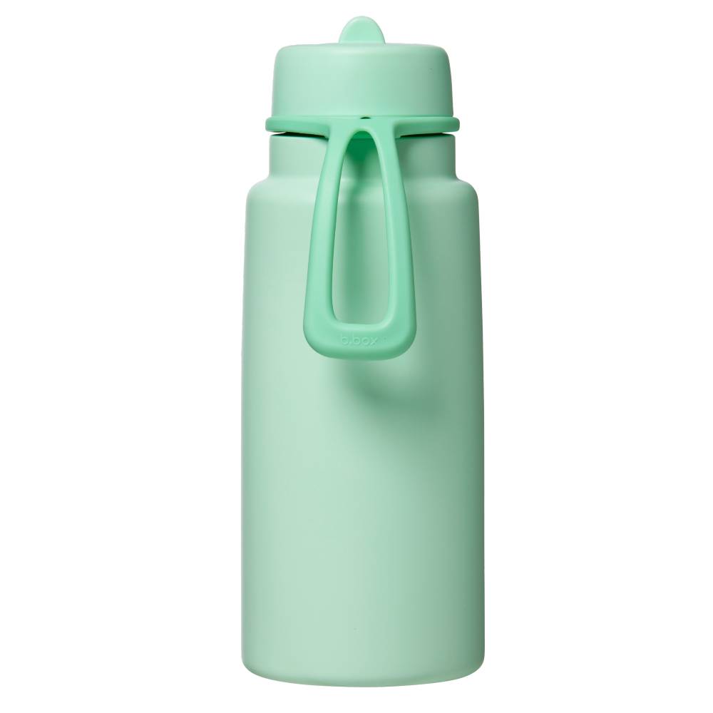Mint green water bottle with handle on a white background