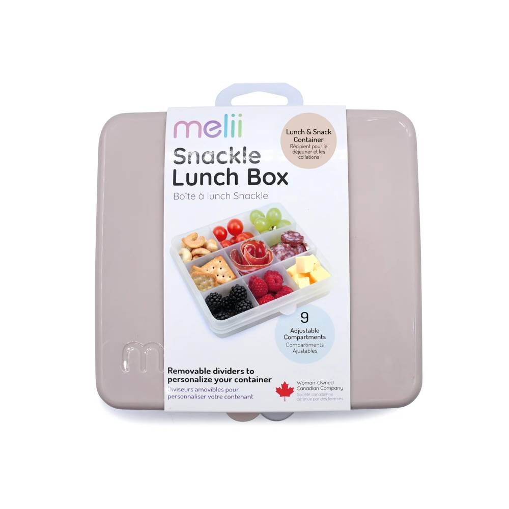 Snack and lunch box with packaging displaying food items on a white background
