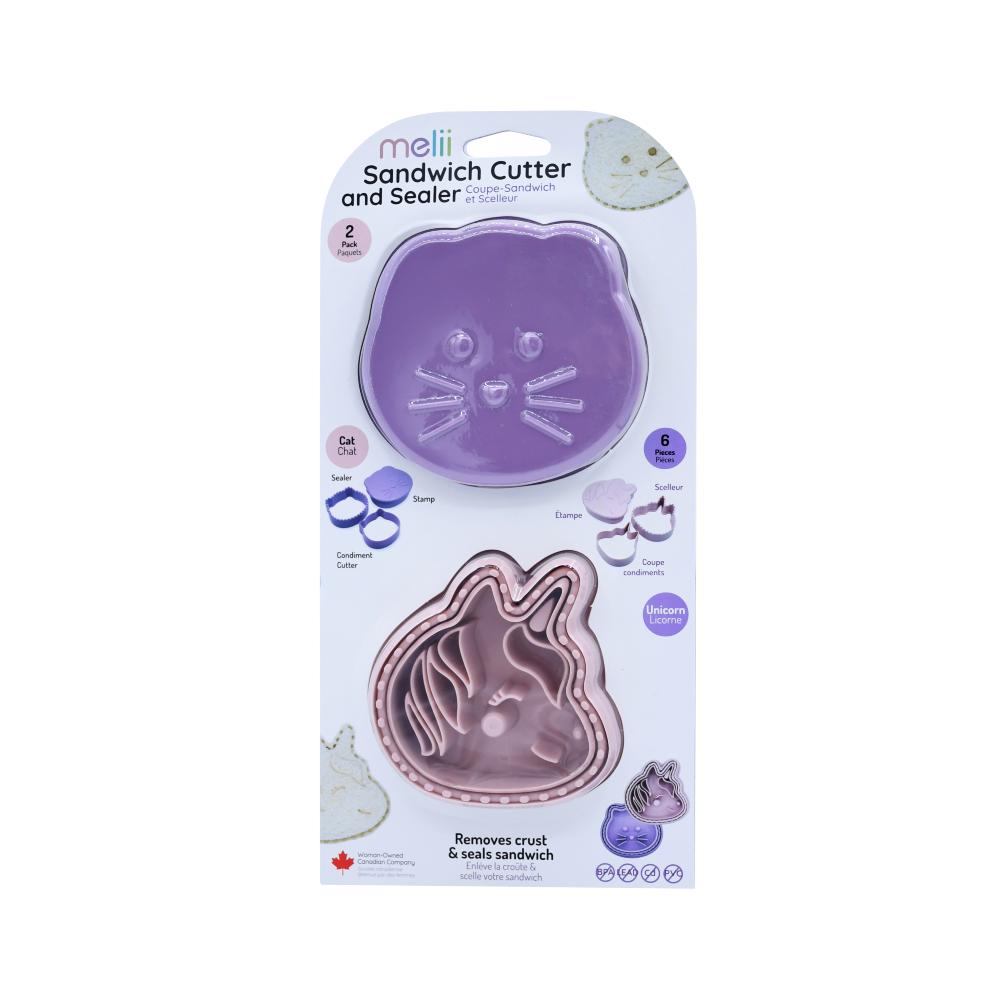 Melli sandwich cutter and sealer packaging with purple and pink designs on a white background