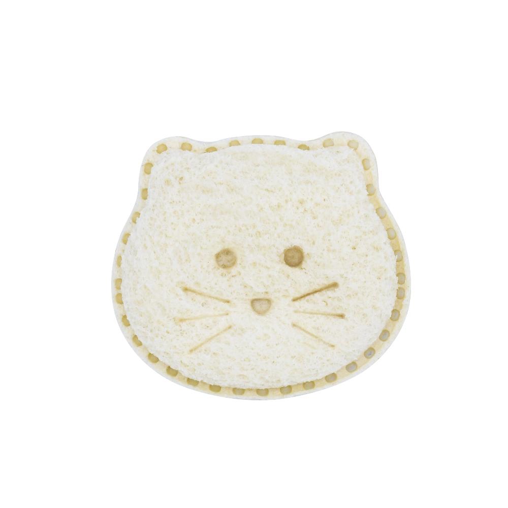 Cat-shaped face towel with beige border on a white background