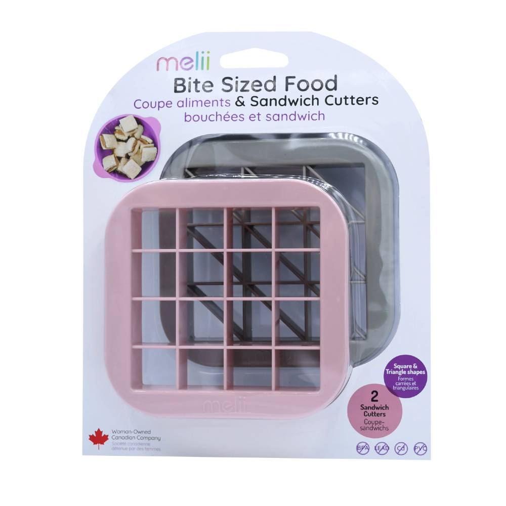 Pink bite-sized food and sandwich cutters in packaging with 'melii' branding.