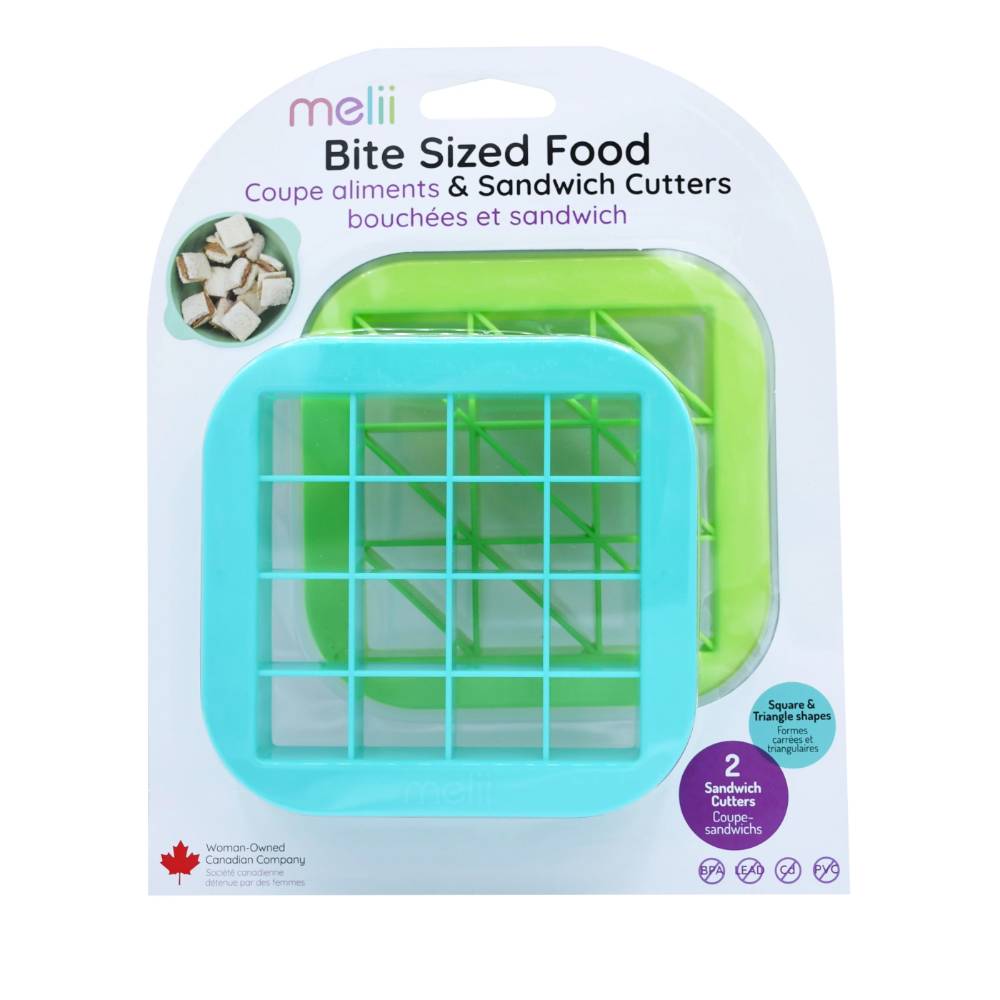 Bite-sized food cutters in packaging with 'melié' branding on a white background
