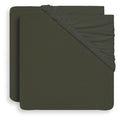 A pair of dark olive green fitted sheet or pillowcase pieces stacked slightly offset, with one corner folded back to show the elasticized edge, on a clean white background.
