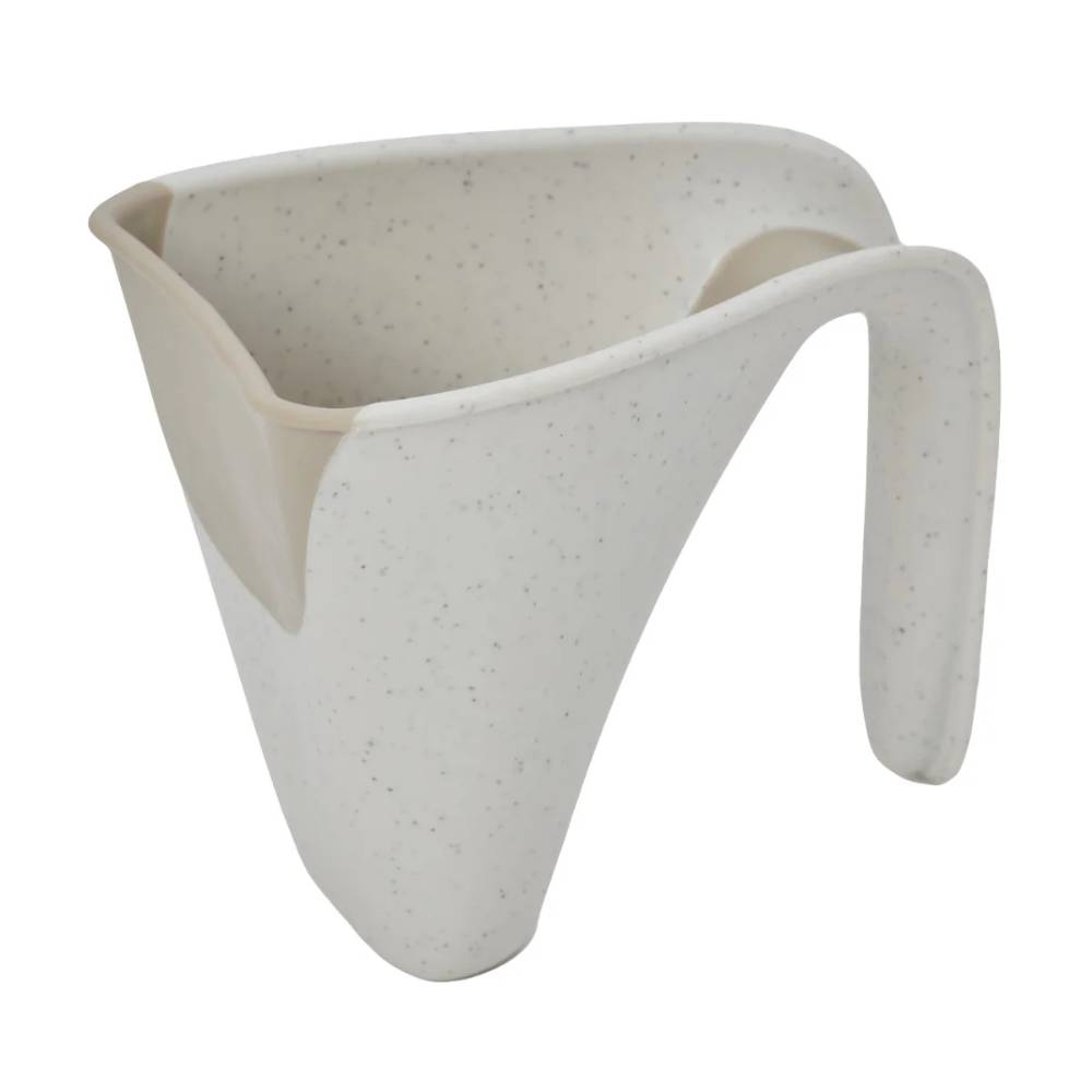 A modern beige plastic jug with a curved handle and angled opening, shown on a plain white background.